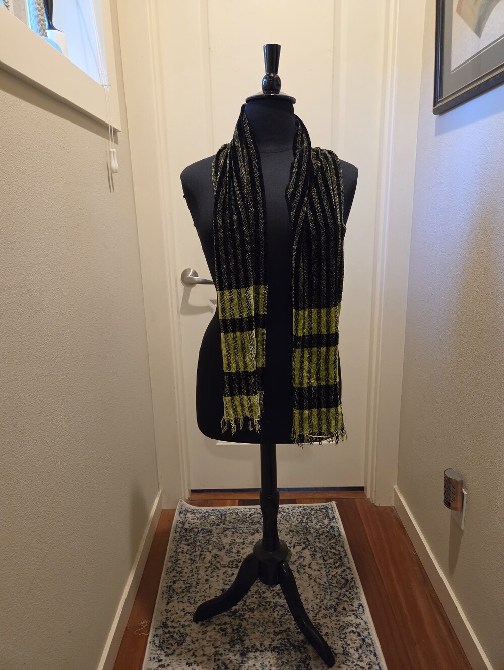 Stylish Chenille Black and Yellow-Green Plaid Scarf - Unbranded